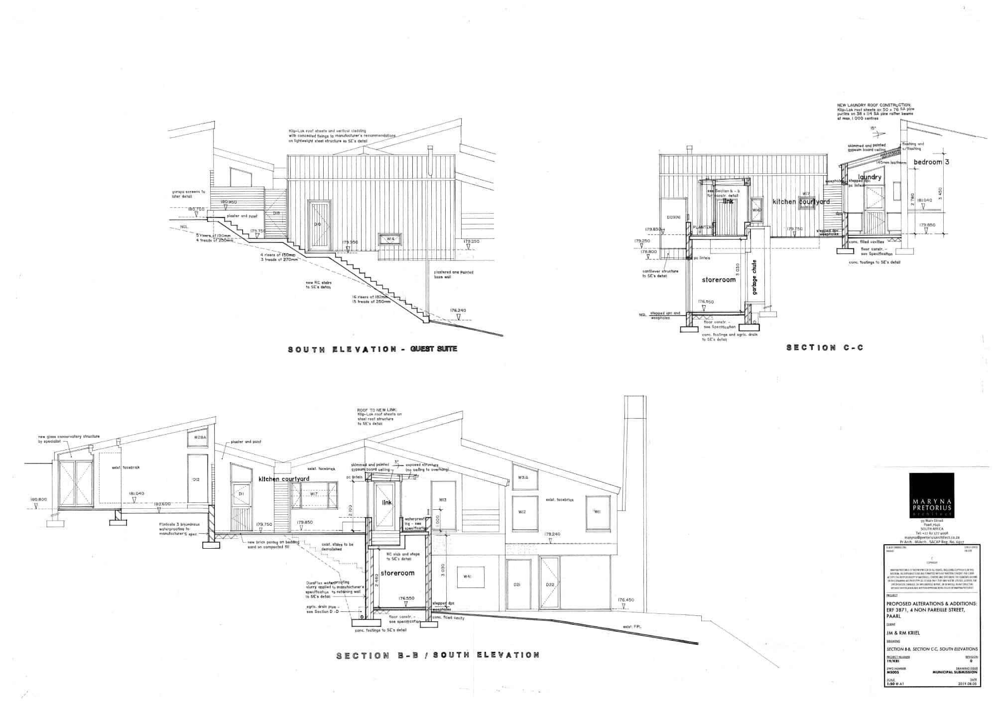 section b-b, c-c, south elevations