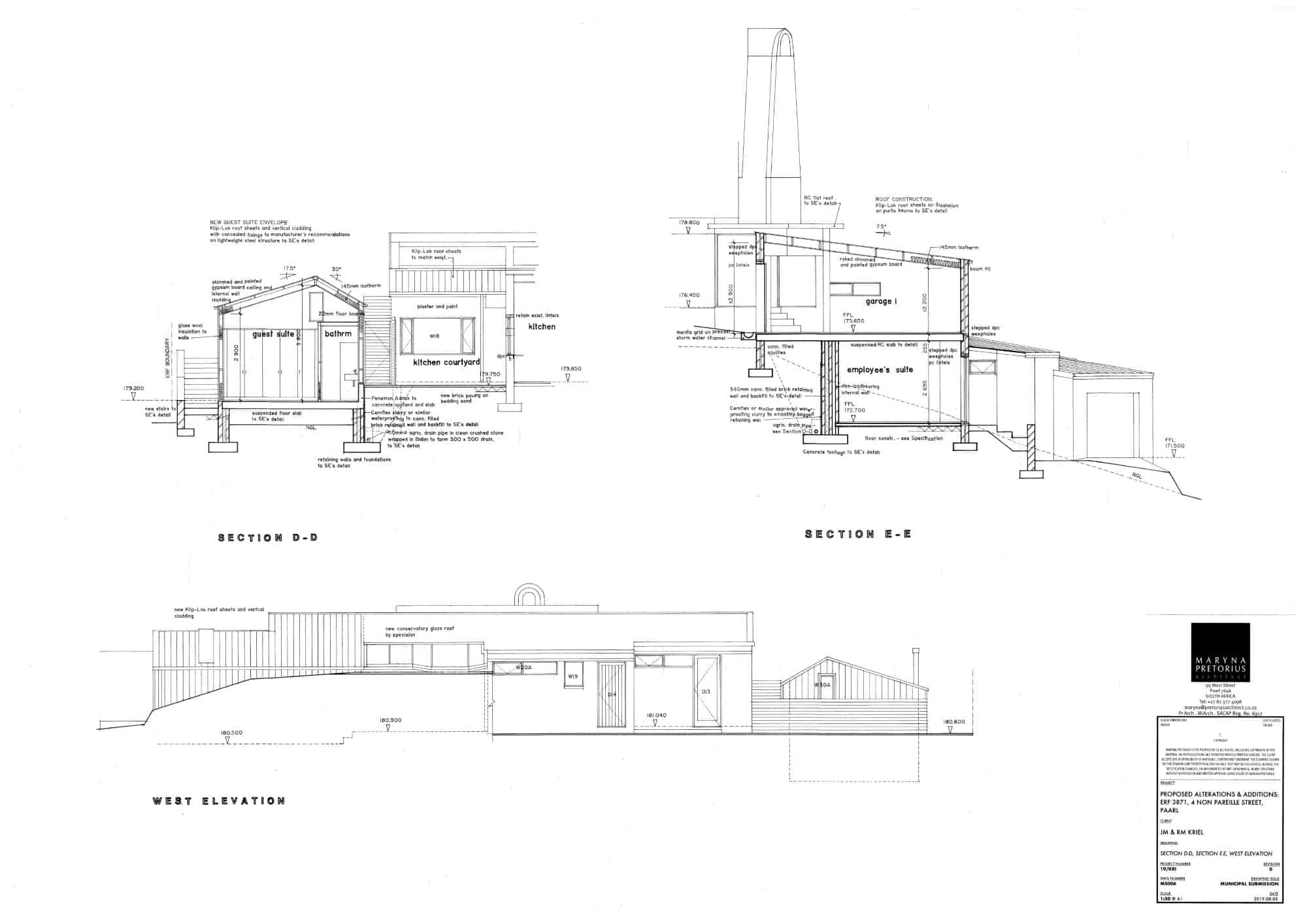 section d-d, e-e, west elevation